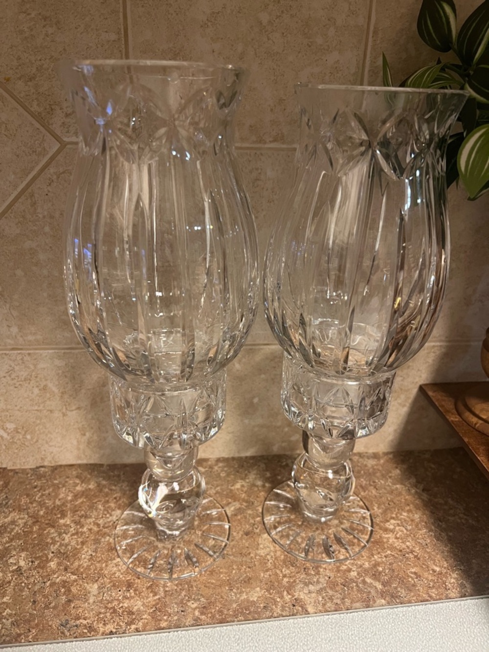 Crystal Glass Hurricane Candle Holders - Clear Pair